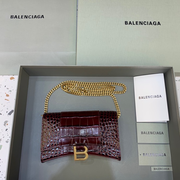 Balenciaga Small Hourglass Wallet With Chain Crocodile Embossed Shoulder Bag Claret